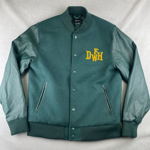 Deathworld DWFH Jacket Mens L Green Varsity Letterman College Wool Faux Leather - Picture 1 of 9